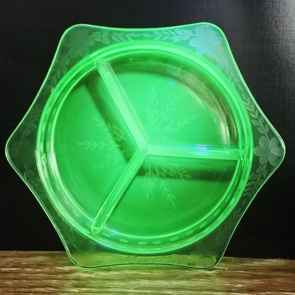 Vtg Green Uranium Vaseline Glass 3 Part Serving Dish Jewelry organizer Trinket